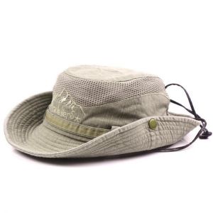 Mens Cotton Embroidery Bucket Hat Outdoor Fishing Hat Climbing Mesh Breathable Sunshade Cap