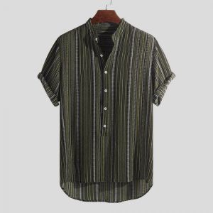 Mens Summer Striped Buttons Fly Breathable Short Sleeve Casual Henley Shirts