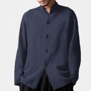 INCERUN Mens Vintage Cotton Stand Collar Long Sleeve Casual Shirts