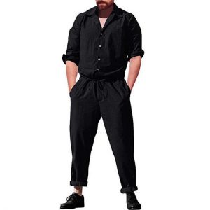 Men Casual Romper Long Sleeve Jumpsuit Stand Collar Military Overalls Cargo Pants
