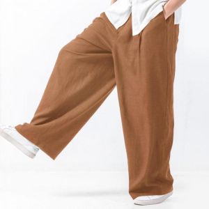 Mens Baggy Style Cotton Solid Color Elastic Waist Casual Loose Wide Leg Pants